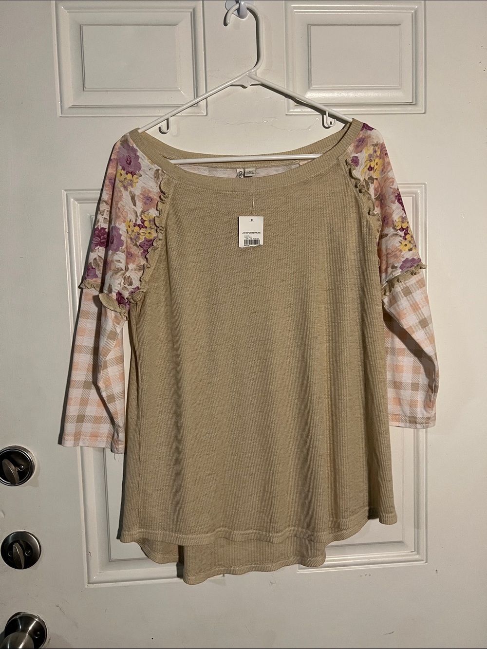 Cato Beige Tunic with Floral Shoulders and Gingham Sleeves